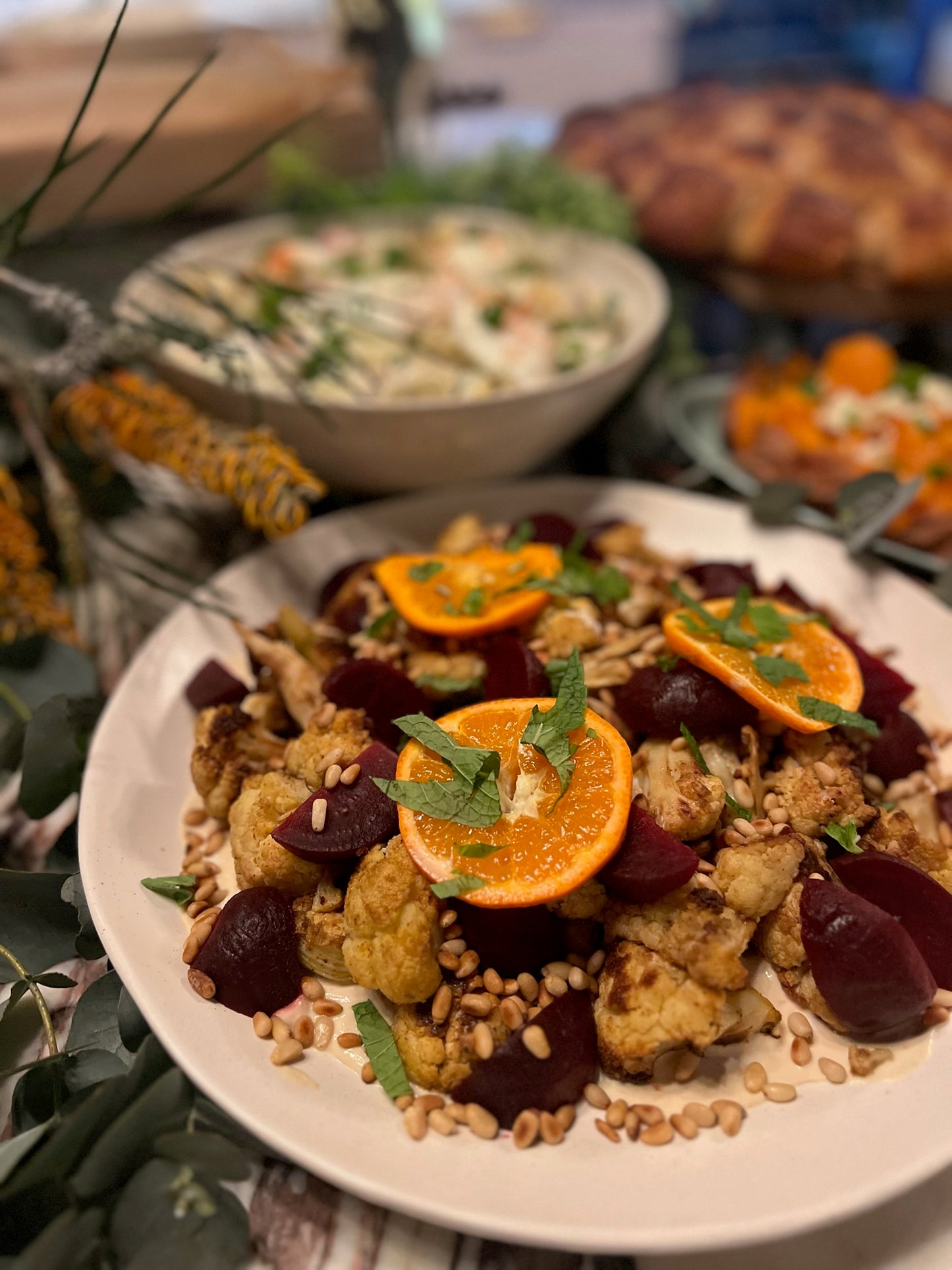 Roast Cauliflower, Beetroot, Orange & Pinenut Salad w Miso Tahini Dressing