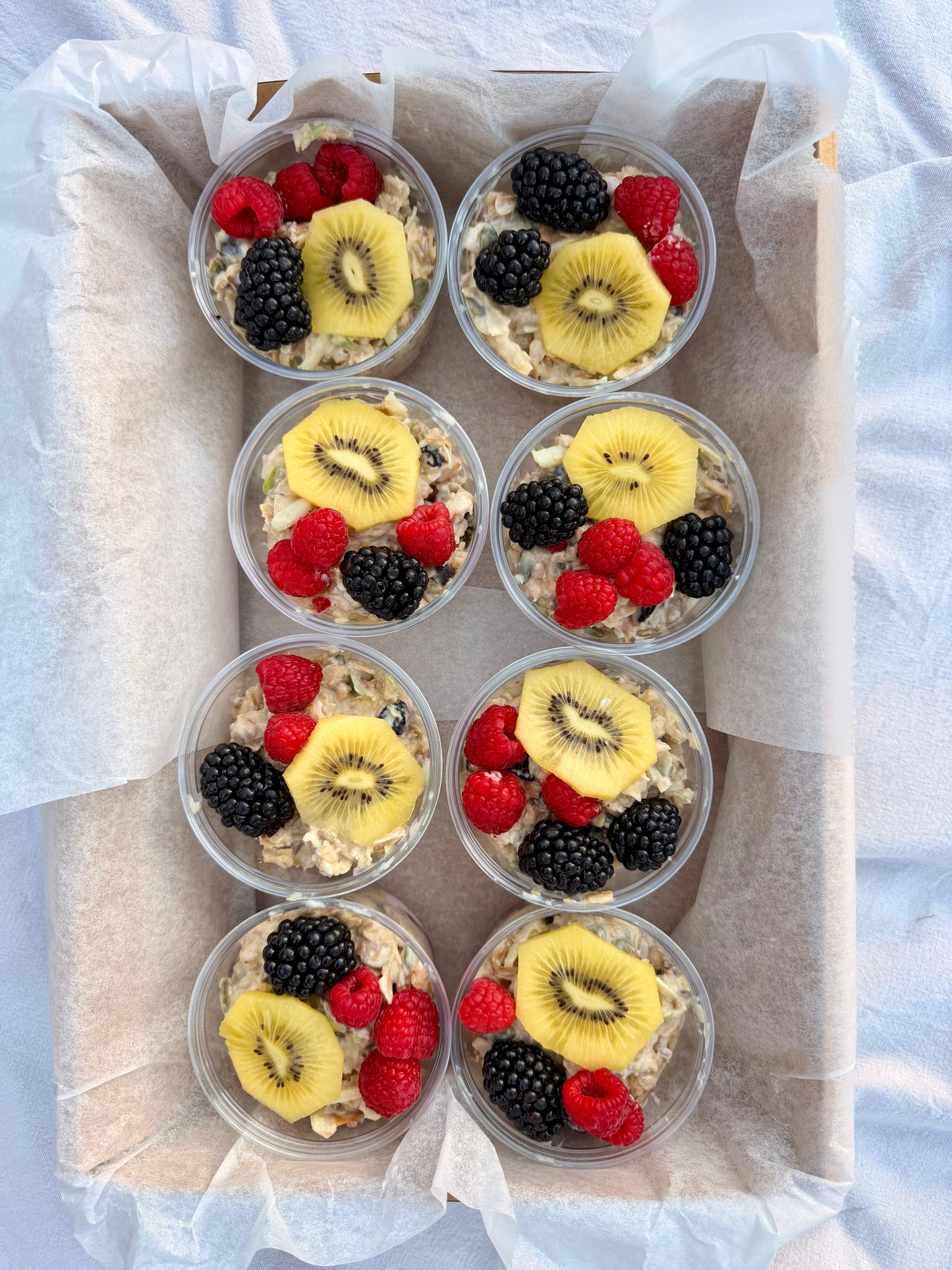 Coconut & Maple Bircher Muesli, Seasonal Fruit